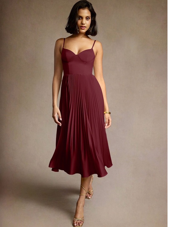 Azazie Dresses & Skirts - Azazie Burgundy Pleated Spaghetti-Strap Midi Dress